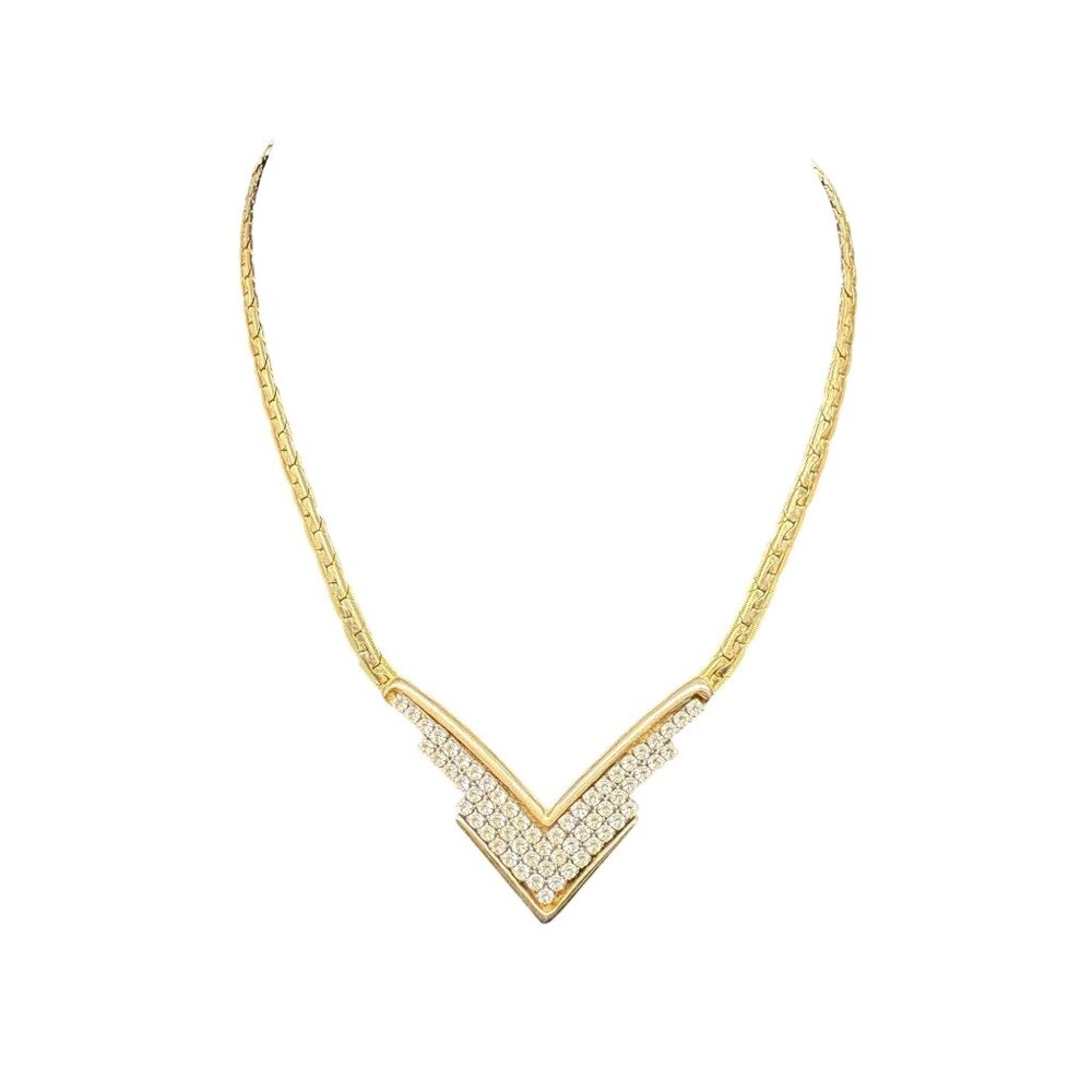 Clear Rhinestone Flat Chain V-Neck Statement Necklace Gold Tone Party Formal